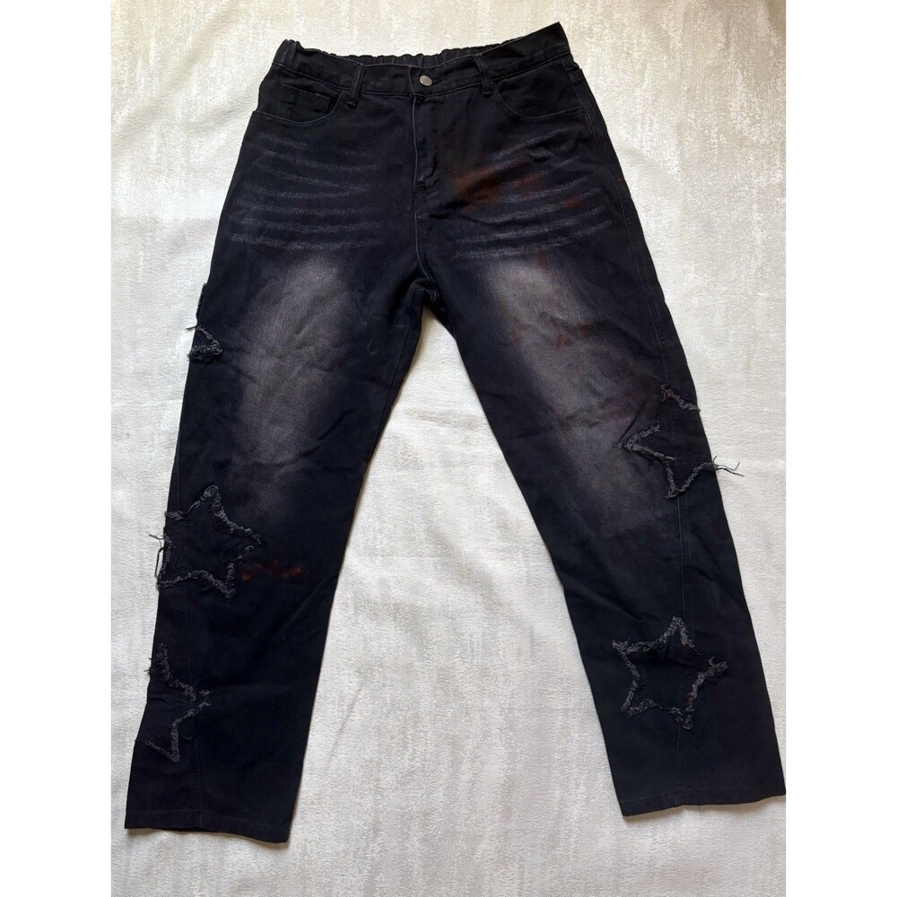 Y2K Star Patch Denim Pants Black Grunge Alt Streetwear Size L